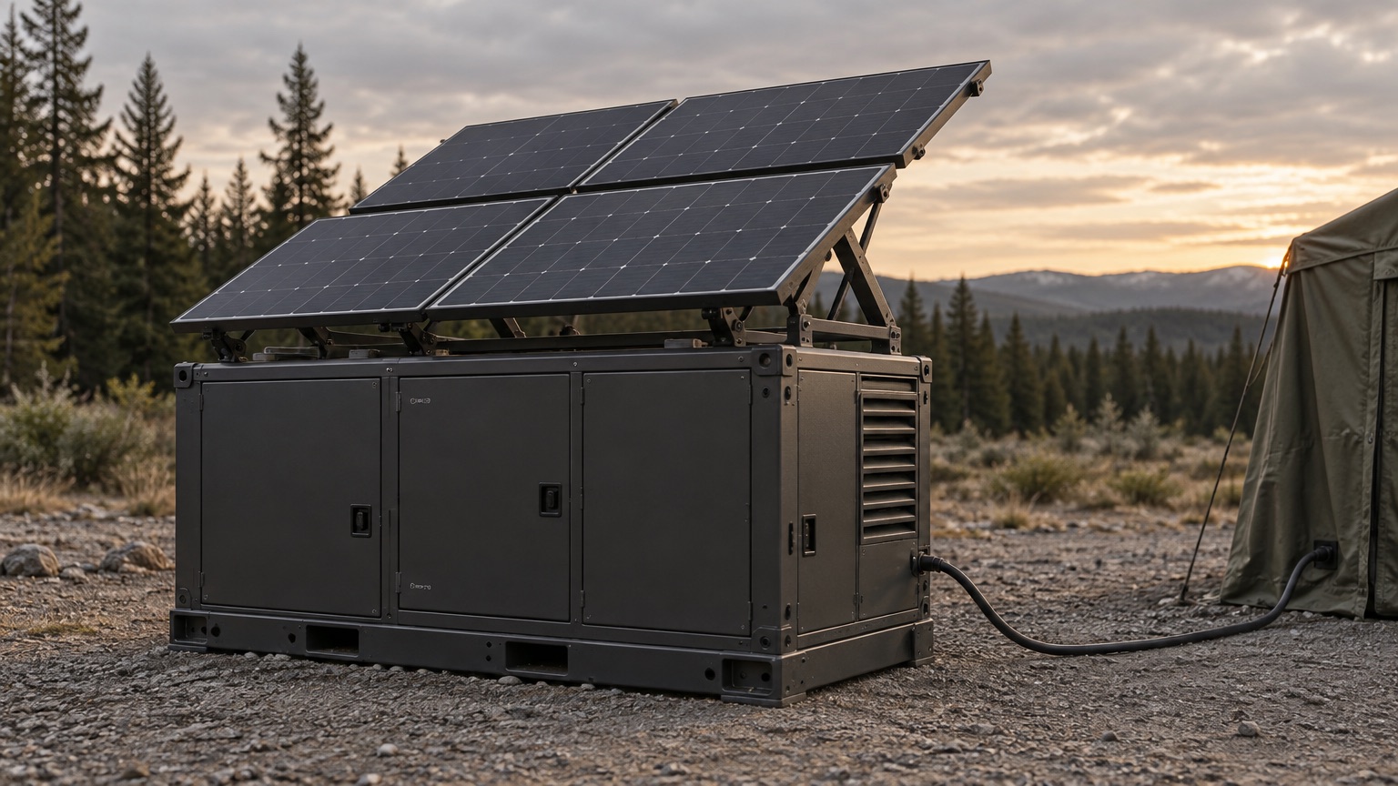Illustration of a portable hybrid power unit at a remote site, its solar array deployed above the enclosure and a cable running to a field tent